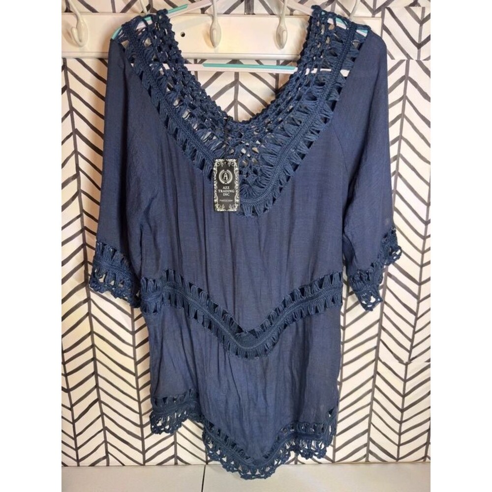AZZ Trading Inc Navy Blue 3/4 Sleeve Coverup Women’s OS 7132